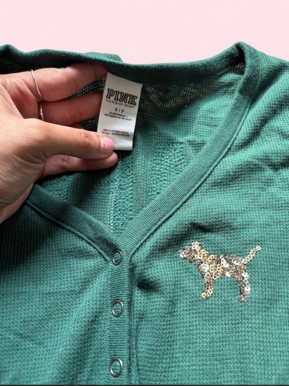 RARE VS PINK Green Sequin Thermal Waffle Knit Holiday Christmas Onesie Jumpsuit - Picture 3 of 6